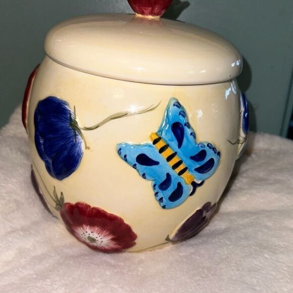 Macys The Cellar Laurie Gates vtg pansey and butterfly cookie jar - Picture 1 of 7